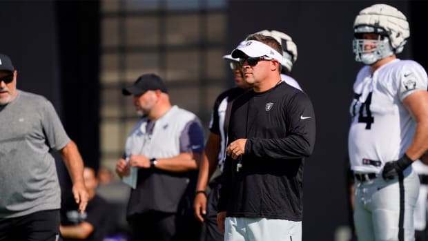 Jul 28, 2022; Las Vegas, Nevada, US; Las Vegas Raiders head coach Josh McDaniels watches a play during training camp at Intermountain Healthcare Performance Center.